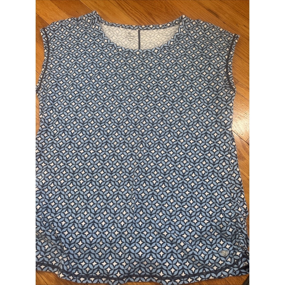T By Talbots Top Womens Petite Large Blue Geo Print Short Sleeve Athleisure